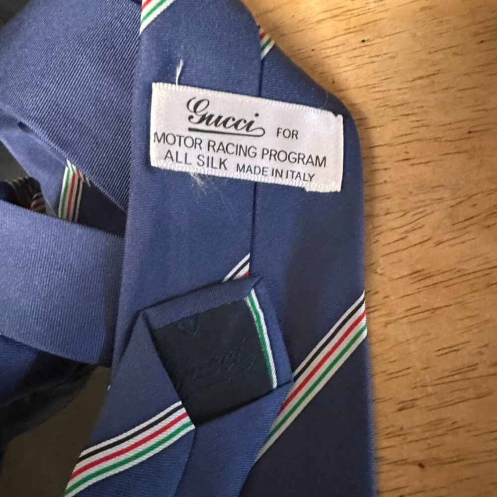 Gucci Silk Tie Logo Mens Gift Art Necktie Luxury Blue Striped Office Formal Vtg - Picture 4 of 4